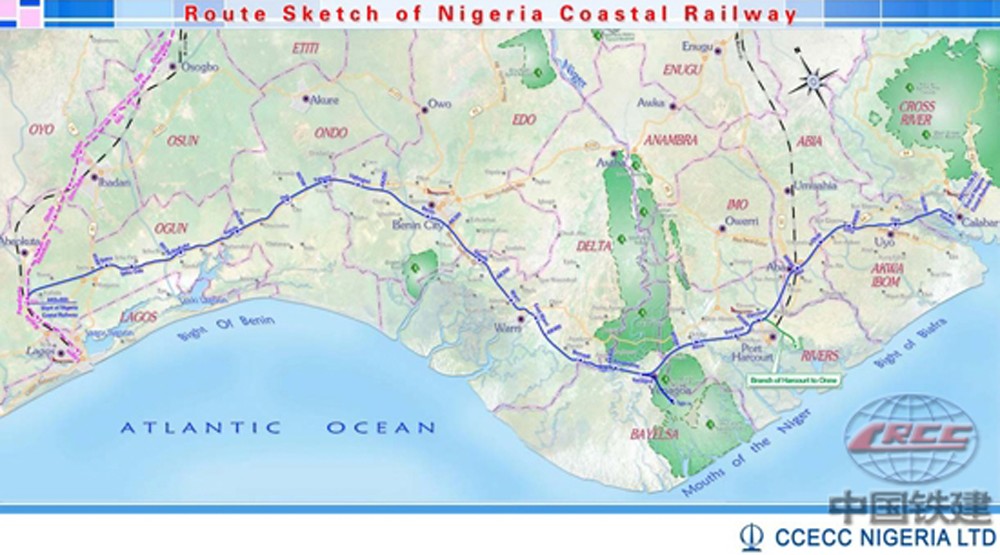 Az új, a Guineai-öbölhöz közel futó vasútvonal nyomvonalterve<br>(forrás: CCECC Nigeria)