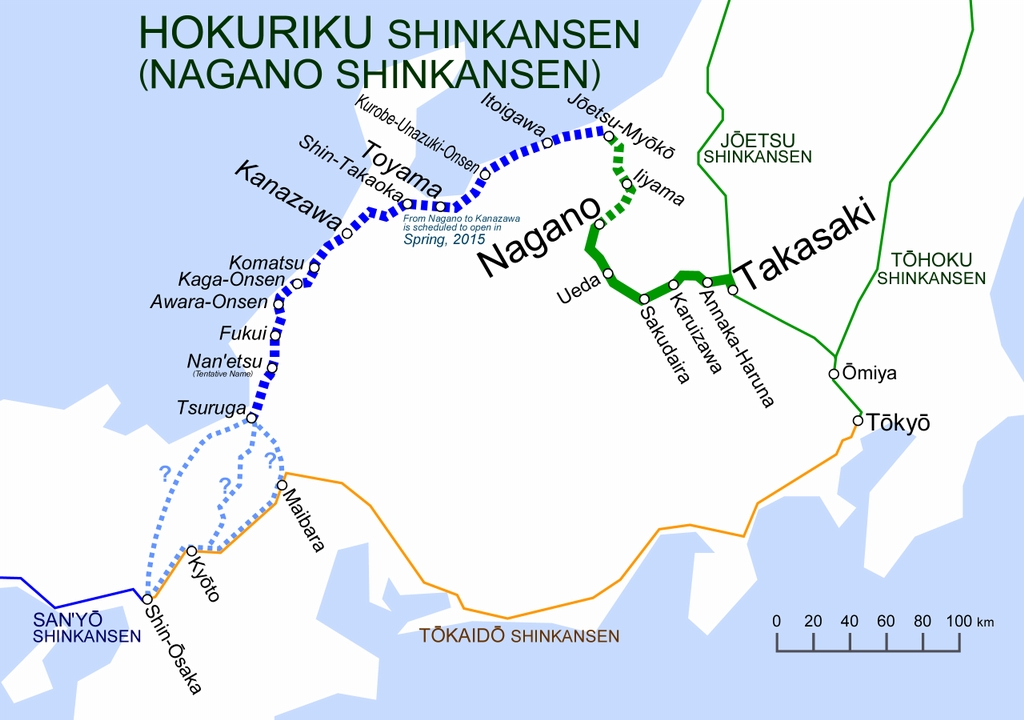 A Hokuriku-sinkanszen vonal vázlata. A Takaszaki és Nagano közötti szakasz 1997 óta Nagano-sinkanszen néven ismert. A Nagano és Kanazawa közötti szakaszon a tervek szerint 2015 tavaszán veszik fel a forgalmat. A Curugáig tartó kibővítés várhatóan 2025-re készülhet el.<br>(forrás: Wikipedia)