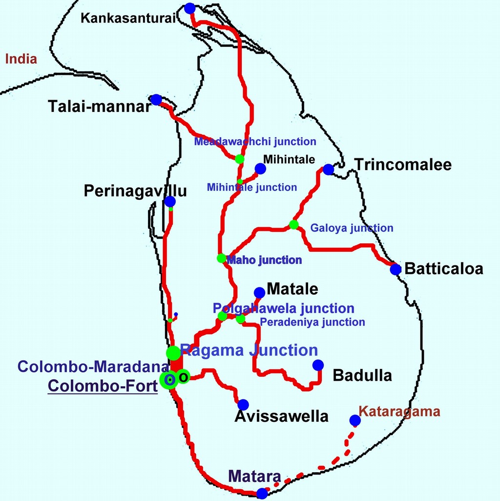 Sri Lanka vasúthálózati rajza. Északon pályafelújítás, délen pályaépítés a menü<br>(grafika: podimenike.blogspot.com)