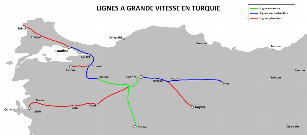 Törökország nagysebességű vonalhálózatának tervezete. Zölddel a már használatban lévő, kékkel az építés alatt álló, pirossal a tervezett vonalak vannak jelölve<br>(forrás: Wikipedia)