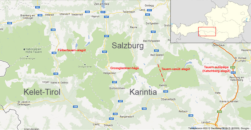 Térkép az alagútról és környezetéről<br>(forrás: Google Maps, szerkesztette: Fekete Csaba)