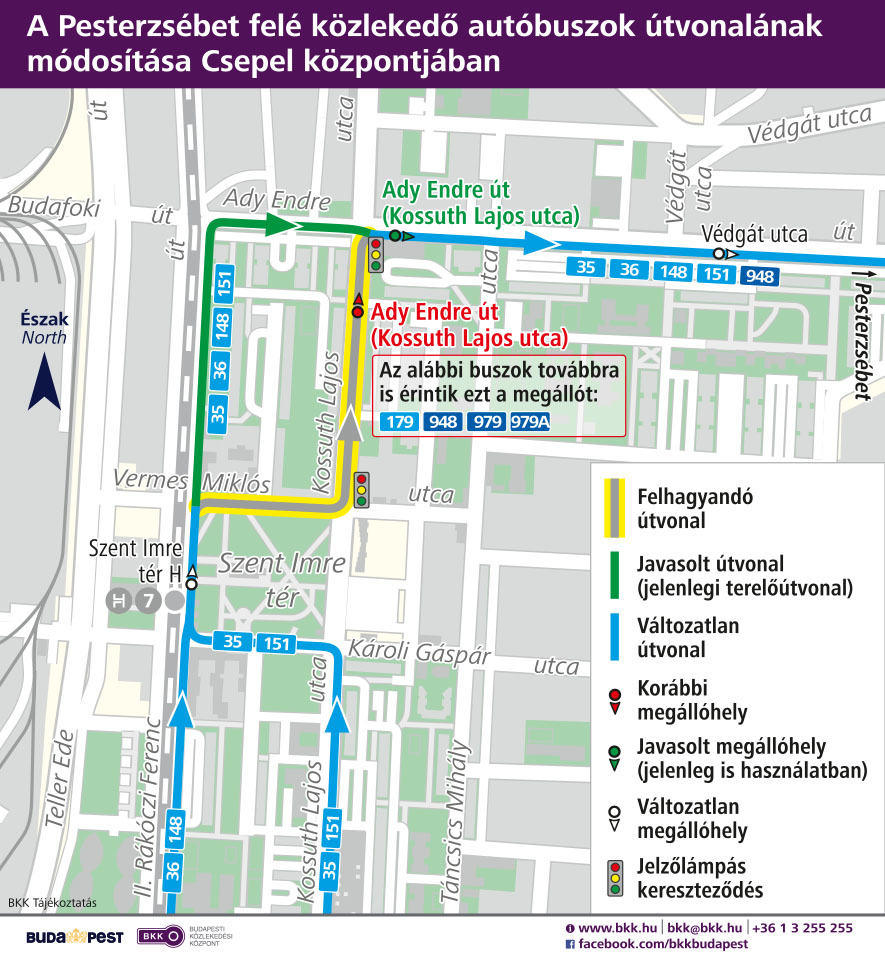 A BKK szeptembertől a kedvezőbb forgalom miatt véglegesítené a Csepel felől Pesterzsébet irányába közlekedő 35-ös, 36-os, 148-as és 151-es buszjáratok útvonalát<br>(grafika: BKK)