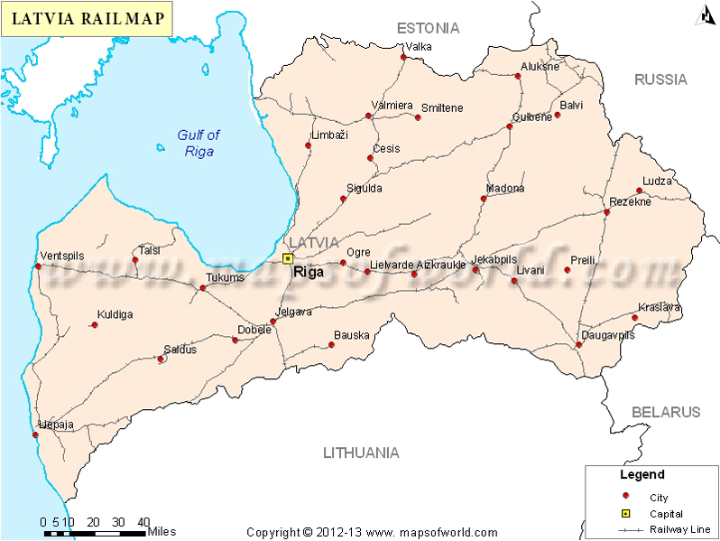 Lettország vasúti térképe<br>(forrás: mapsofworld.com)