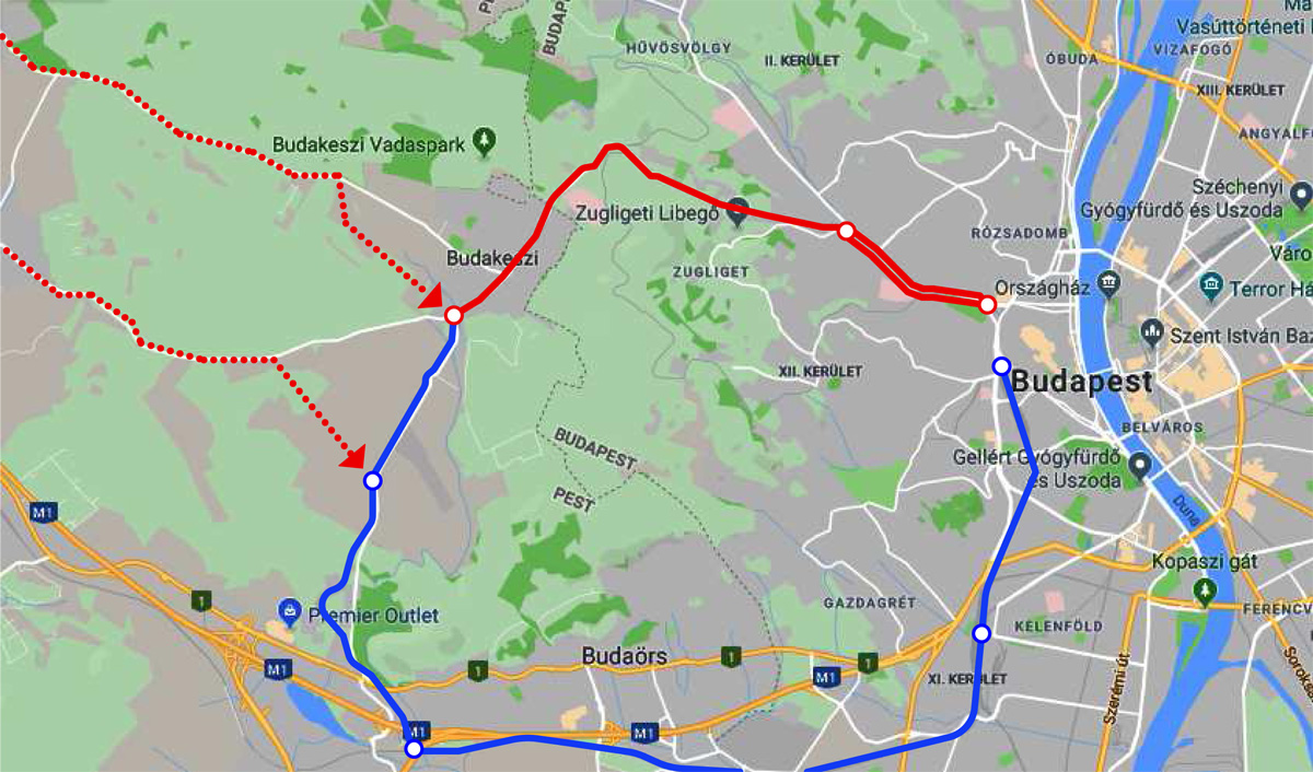 Komplex rendszer Buda hátsójában: a piros vonal a metrobusz, a kék esetleges kötöttpálya, pöttyözöttel a környéki járatok lehetséges új orientációja (a szerző grafikája)