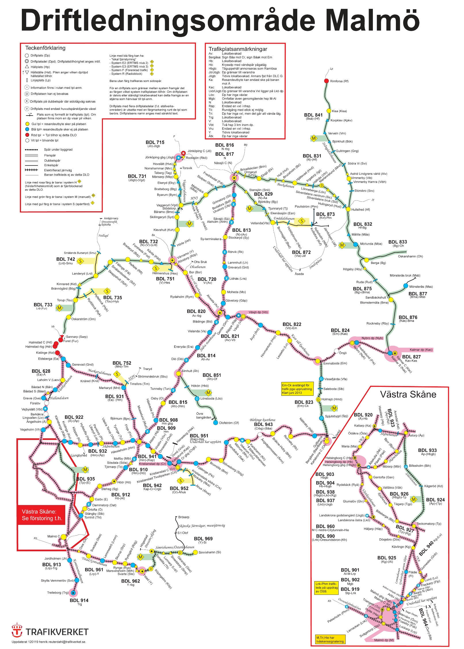 Dél-Svédország vasúti térképe </br> Malmö forgalomirányító központ