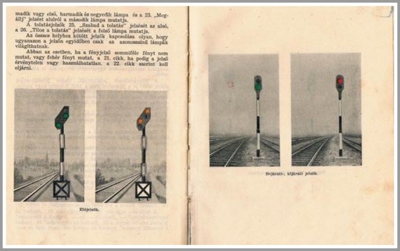 Fény előjelző és bejárati jelző ábrázolása az 1935-ös Jelzési Utasításban,