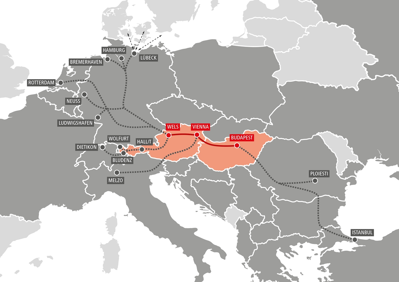 Az ÖBB RCG új Wels–Bécs–Budapest TransFER-szolgáltatásával észak- és délkelet-európai intermodális csomópontok is közvetlen kapcsolatba kerülnek egymással (grafika: ÖBB RCG)
