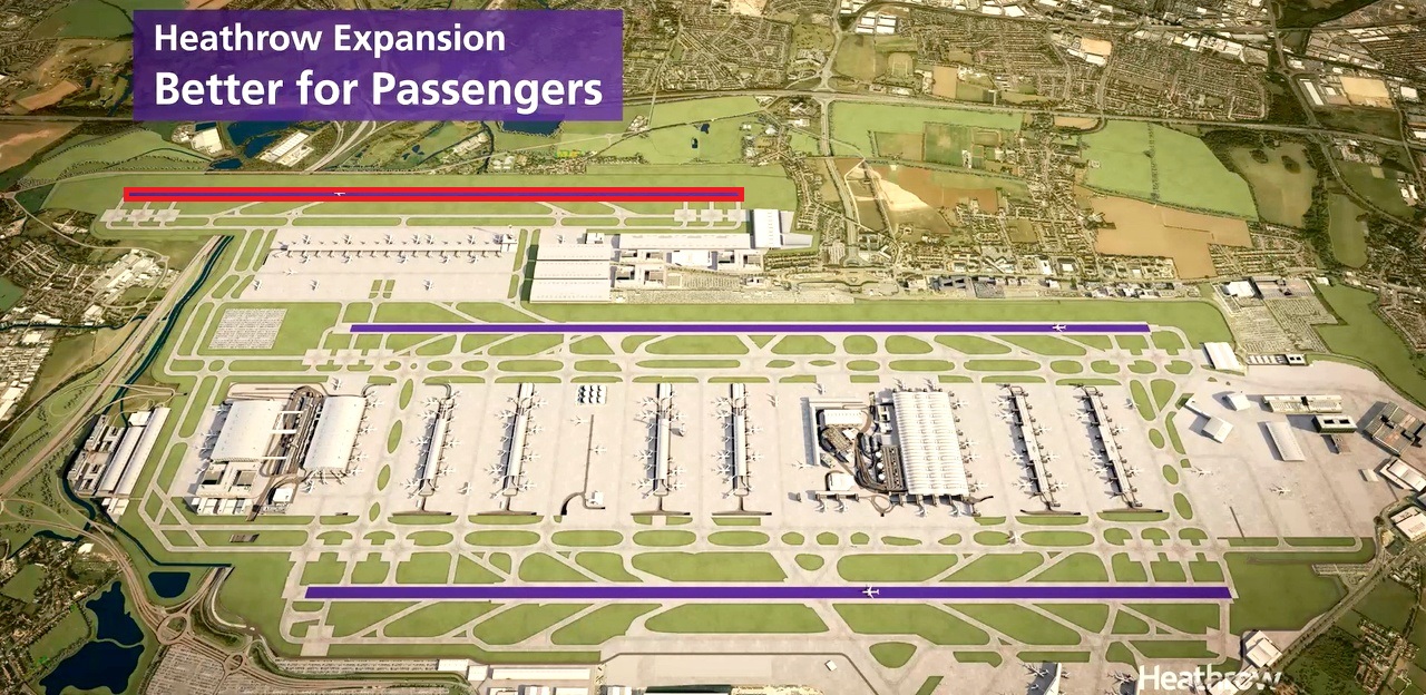 A tervezett harmadik, rövidebb kifutópálya a meglévő kettőtől északabbra a látványterven<br>(forrás: Heathrow Airport)