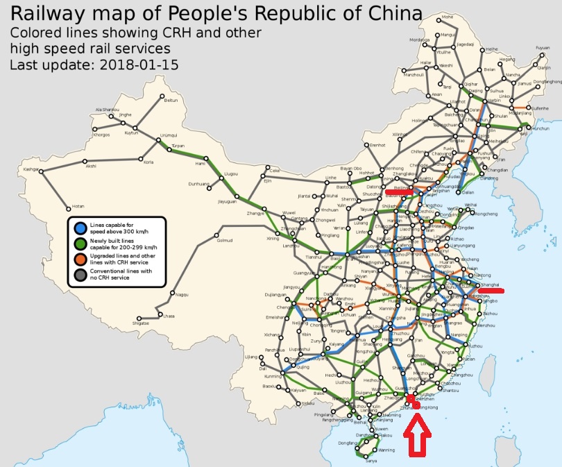 Az új hongkongi nagysebességű vonal Kína nagysebességű vasúti térképén, pirossal Peking és Sanghaj van aláhúzva (forrás: blogspot.com)