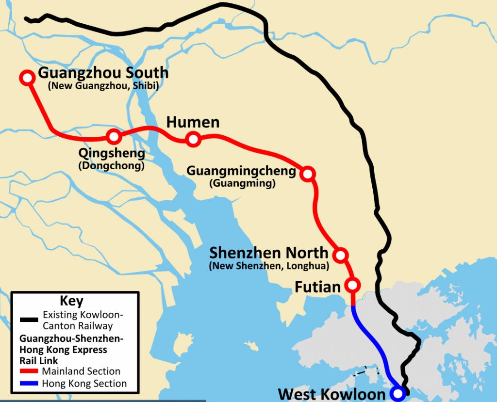 A nagysebességű kapcsolat Kanton és Hongkong között kékkel és pirossal jelezve, a hagyományos vasút feketével (forrás: thehkshopper.com)