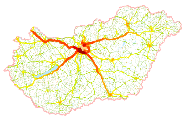 Magyarország közúti forgalomterhelése. Vessük össze a 4-es főutat az M44-essel, keressük meg az R76-os vagy R67-es nyomvonalát, vagy csak nézzük meg, hogy az M1-eshez képest mennyire indokolt az M7-es háromnyomúsítása