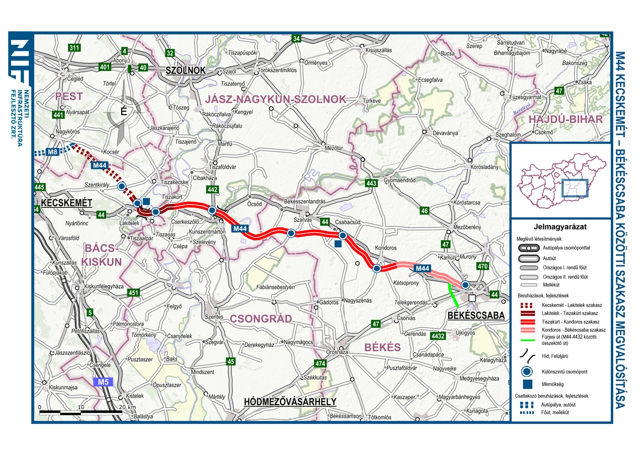 Az M44-es gyorsforgalmi út Kecskemét és Békéscsaba között épül ki több szakaszban, bekapcsolva a békési megyeszékhelyt a gyorsforgalmi úthálózatba (forrás: NIF Zrt.)