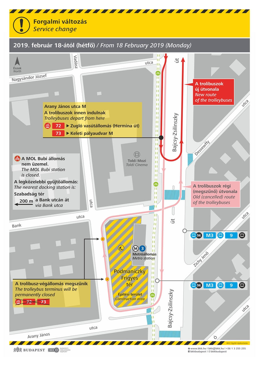A Podmaniczky tér felújítása miatt február 18-tól áthelyezik a 72-es és 73-as trolik végállomását az Arany János útról a Bajcsy-Zsilinszky útra (forrás: BKK)