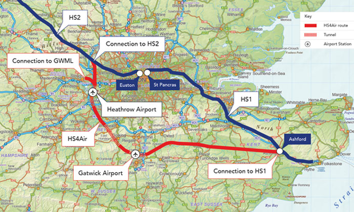 A HS4Air javasolt nyomvonala, amin a HS1 és HS2 Londonba vezető szakaszai is látszanak<br>(forrás: globalrailwayreview.com)