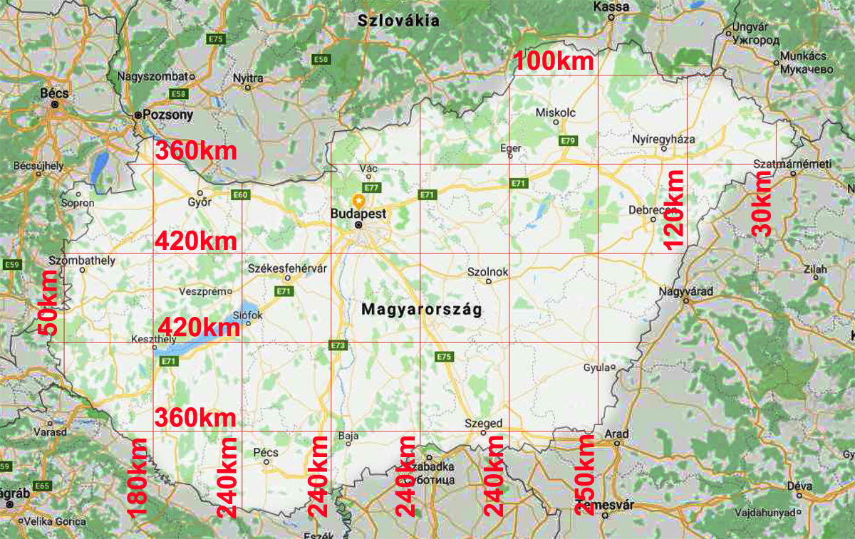 60x60 kilométeres négyzetháló, mint absztrakt szemléltetőábra, 3250 kilométeres gyorsforgalmi úthálózattal (a szerző kísérleti grafikája)