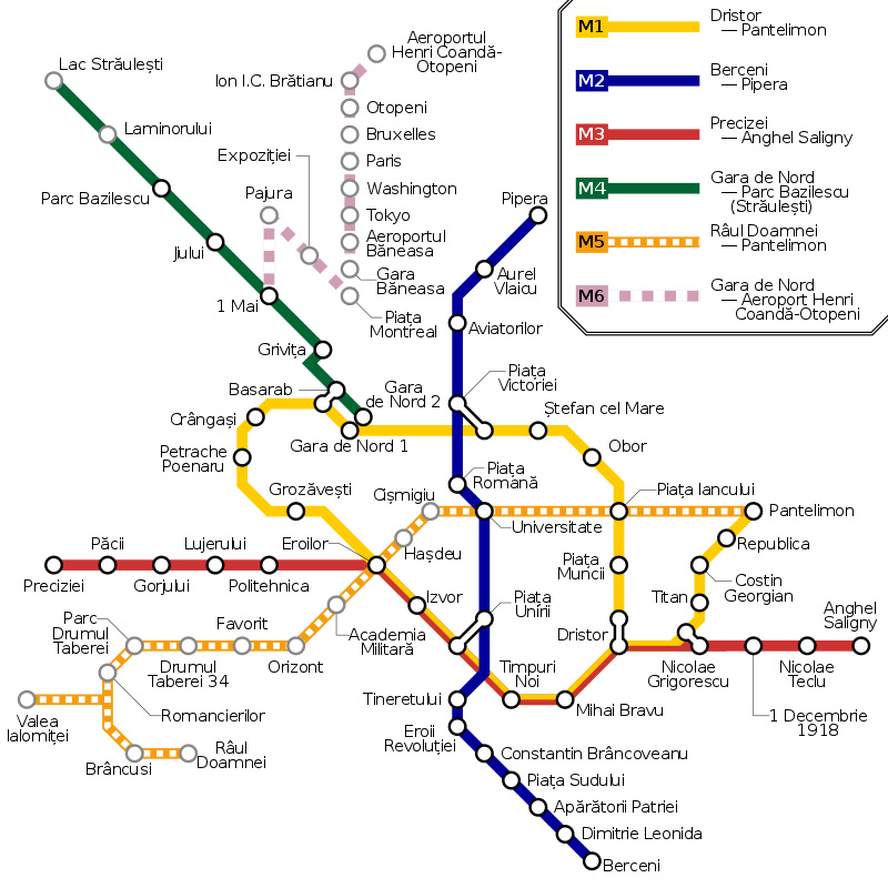 Déli irányban tovább nőhet a zöld színnel jelölt négyes metróvonal Bukarestben (forrás: Wikipedia)