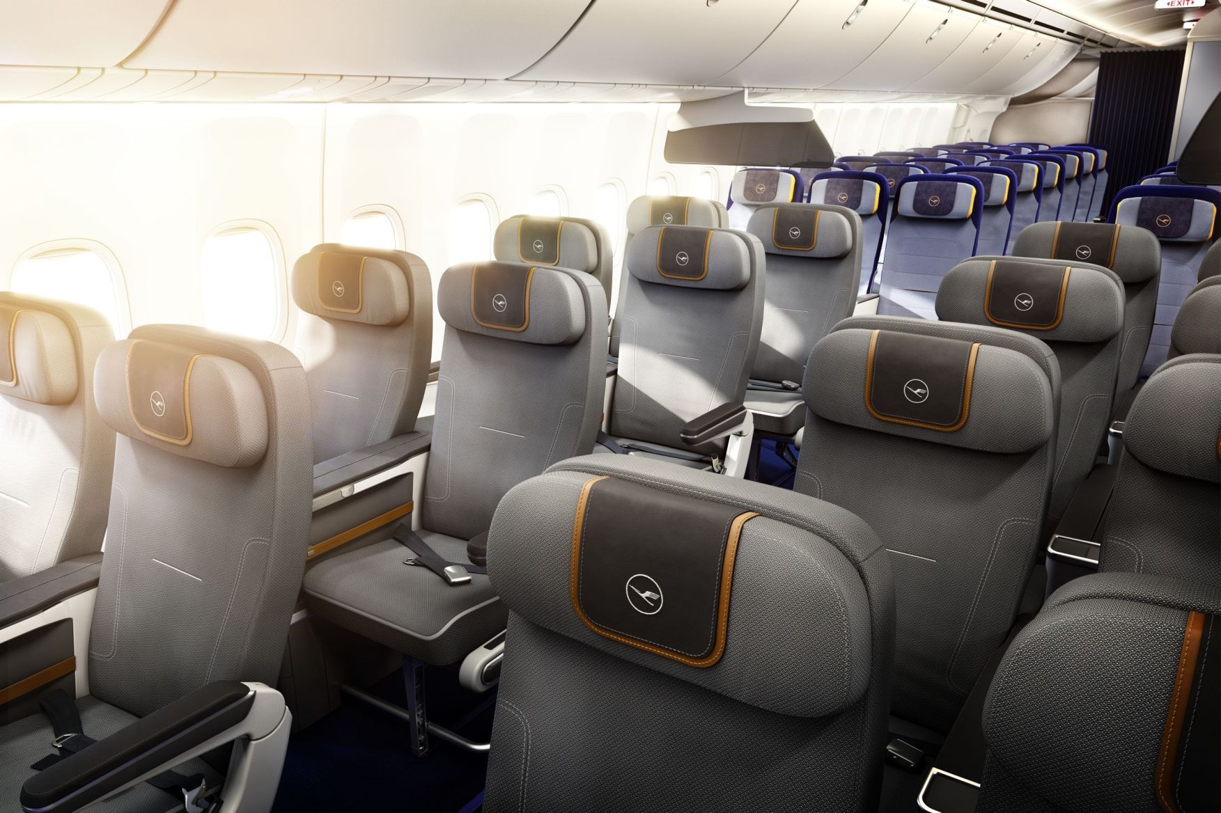 A Lufthansa fotóján jól érzékelhető az elrendezés: előtérben a prémium turista osztály, hátrébb a hagyományos econnomy class üléssorai