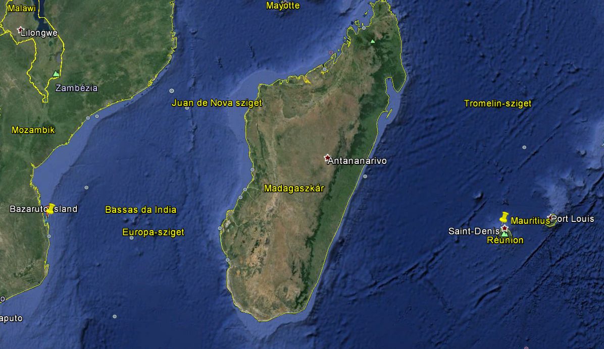 A két roncsdarab megtalálásának helyszínei: Madagaszkártól keletre Reunion, nyugatra az afrikai szárazföld partjainál Bazaruto