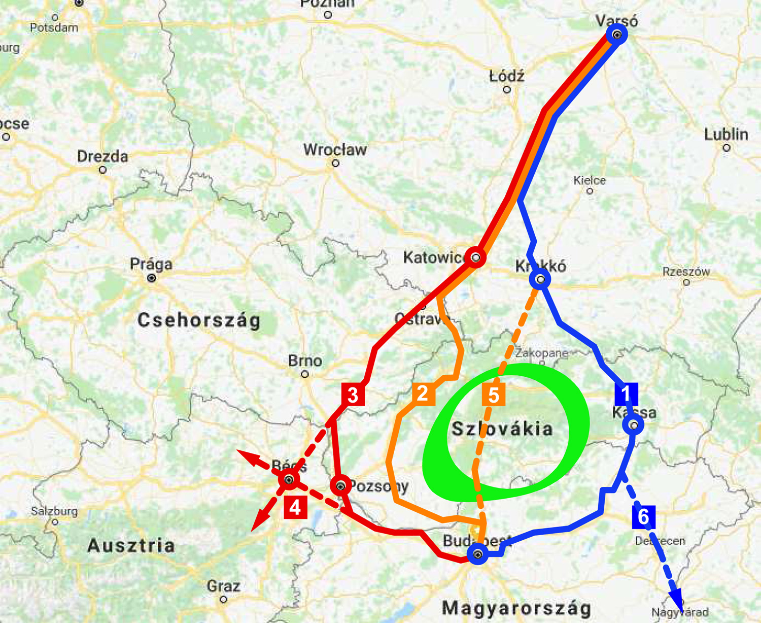Zöldi Péter ábrája A magyar és a lengyel főváros nagysebességű vasúti összekötésének módozatairól. A piros a nyerő