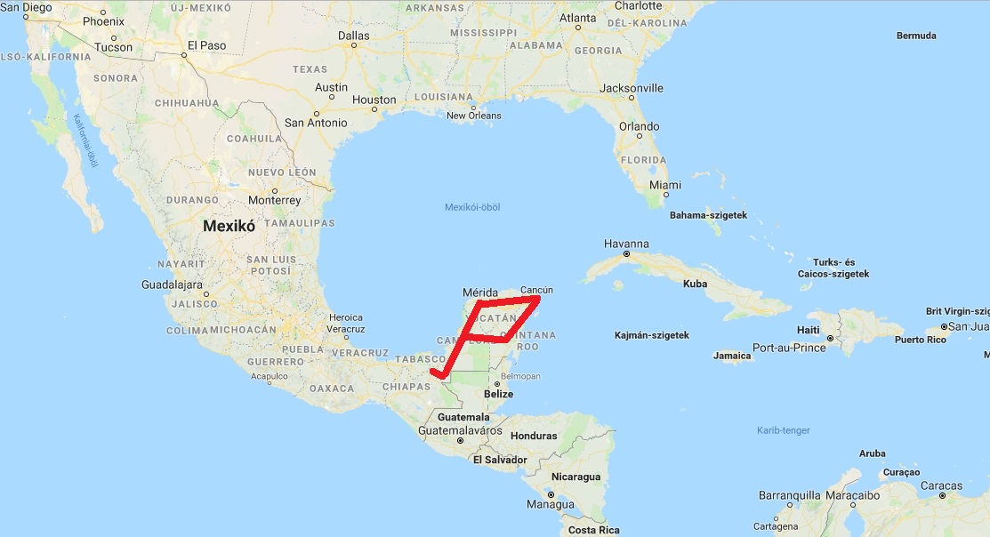 A Tren Maya hálózat elhelyezkedése a Google térképe alapján. A képre kattintva lapozható galéria nyílik