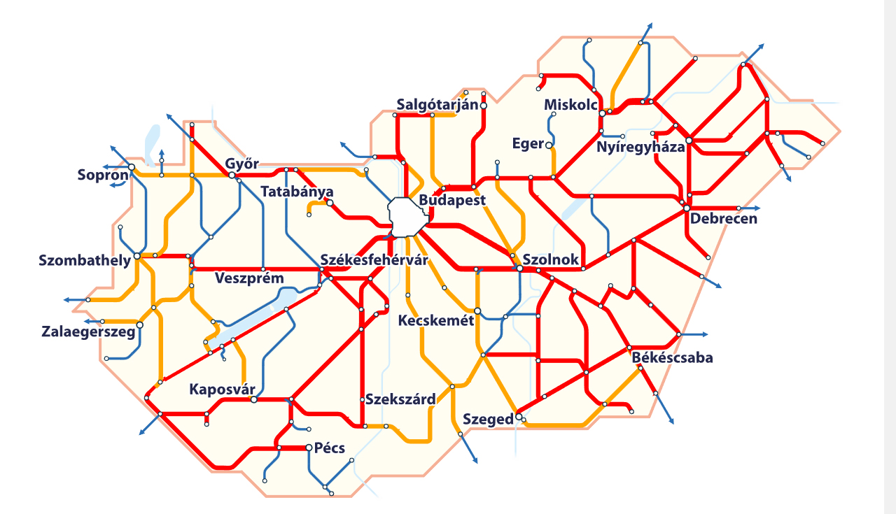 Piros kiemelés jelöli azokat a vasútvonalakat, amelyekhez érvénybe lépett időszakos menetrendváltozás kapcsolódik. Sárga vonal jelöli azokat a vasútvonalakat, amelyeken a közeljövőben időszakos menetrendváltozás lép érvénybe (grafika: MÁV-Start)