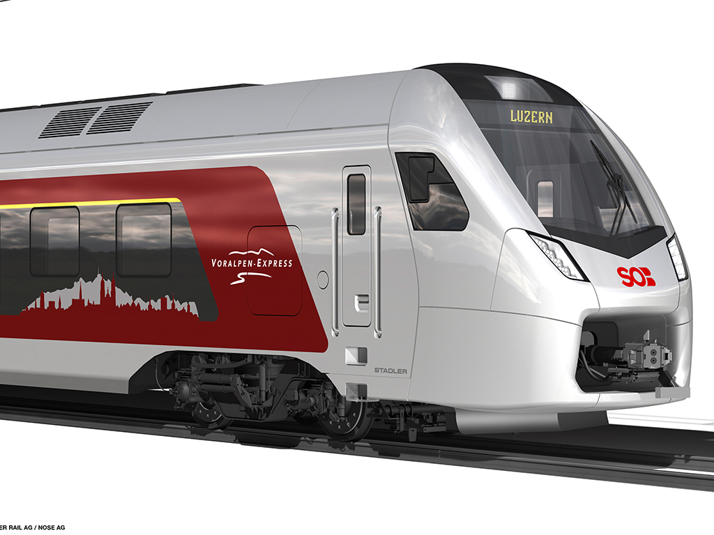 Hat, egyenként nyolcrészes és öt négyrészes, harmadik generációs Flirtöt szerez be a svájci Südostbahn a Voralpen-Express járatokra (forrás: Stadler Rail)