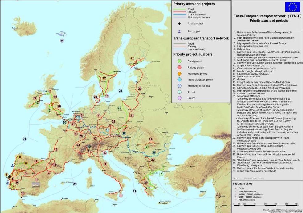 A TEN-T korridorok a 2004-es állapot szerint (forrás: EU)