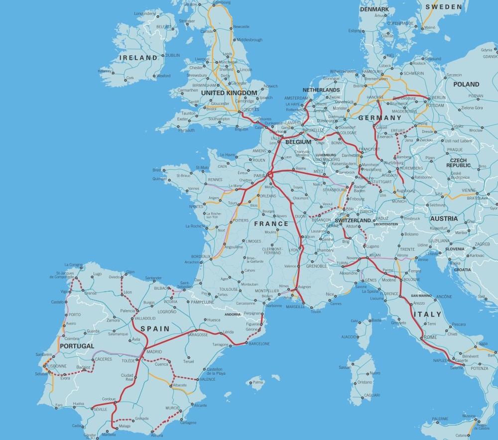 Így néz ki Európa nagysebességű vasúti hálózata. Sárgával a 200, vörössel a 250 kilométer per órás vagy e fölötti sebességre alkalmas pályákat, szaggatott vonallal az építés alatt álló pályákat jelöli a térkép<br>(forrás: RFF)