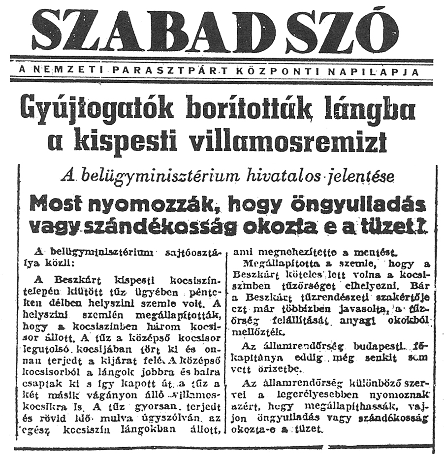 Korabeli újságcikk a kispesti kocsiszíntűzről<br>(forrás: Városi Közlekedés 1997/6)