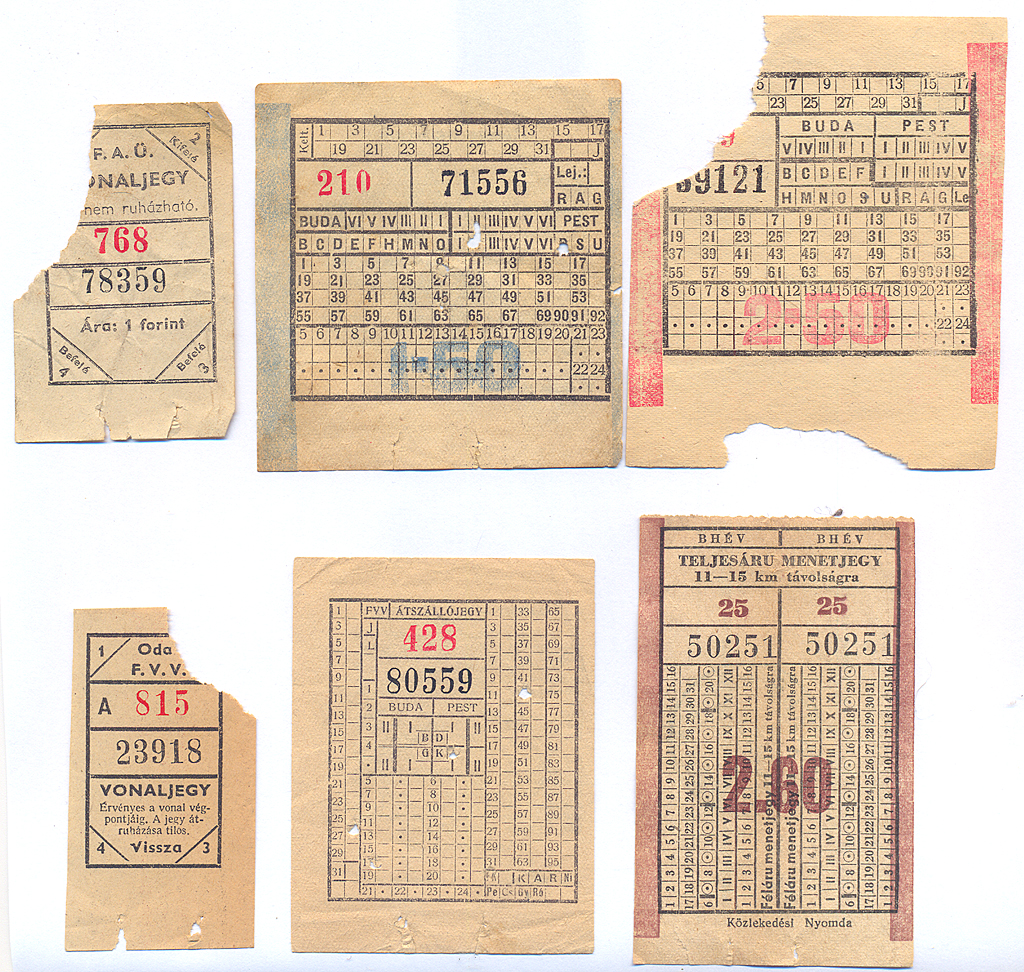 Az 1966-os tarifareform előtti jegyek: a felső sorban az autóbuszra, az alsó sorban a villamosra és a HÉV-re érvényesek egy része<br>(a szerző gyűjteményéből)