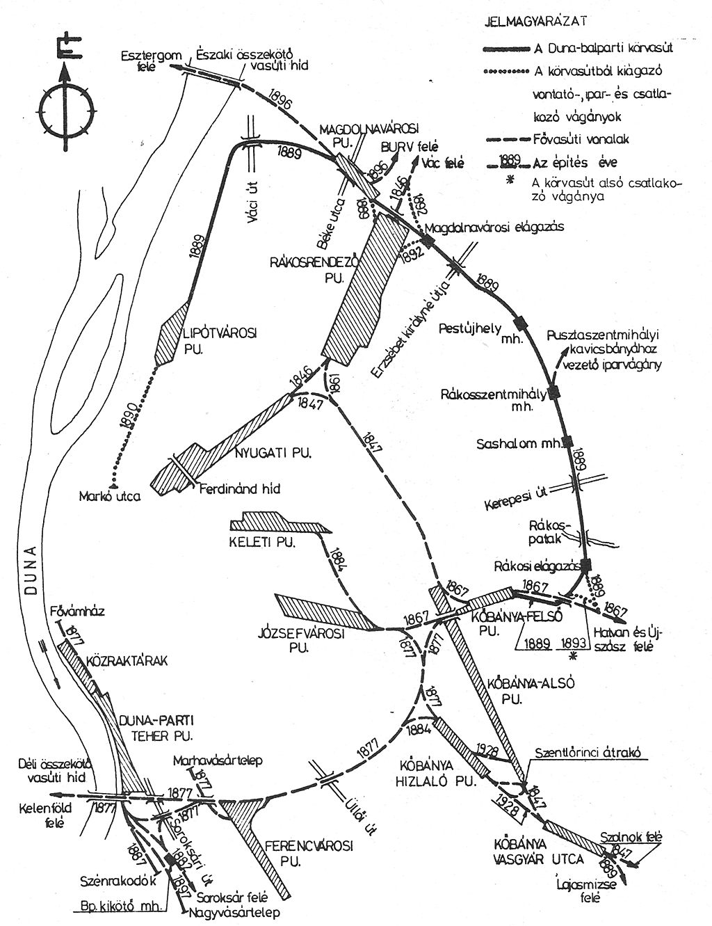 A pesti oldal vasútvonalainak térképe, építésük évszámaival<br>A képre kattintva fotógaléria nyílik<br>(forrás: Városi Közlekedés)