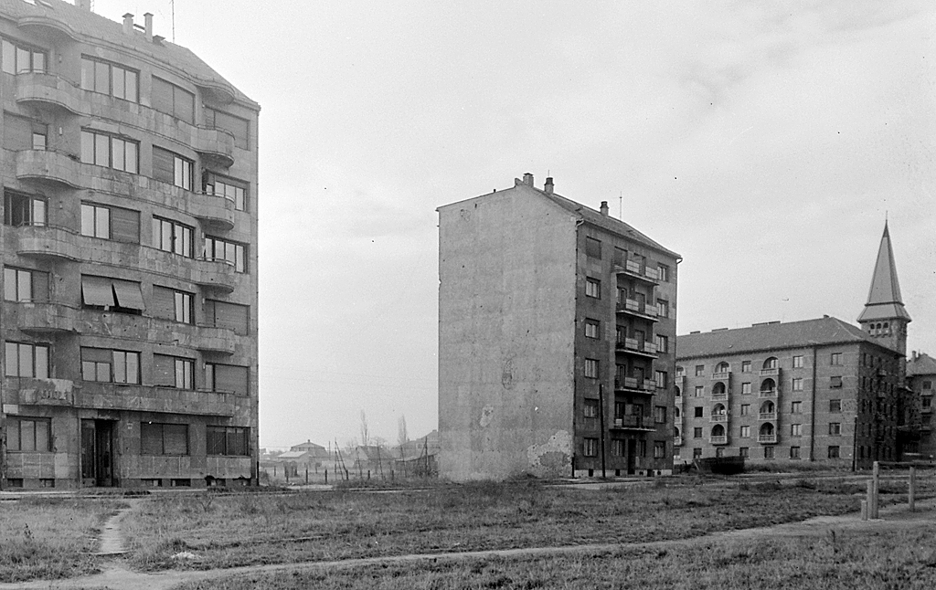 A Schönherz Zoltán utca 1957-ben. A lakótelep néhány háza már áll, de sem a mai szélességű útnak, sem pedig a villamossíneknek nincs még nyoma<br>A képre kattintva galéria nyílik<br>(az archív képek forrása: fortepan.hu)