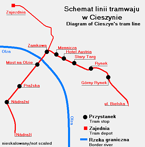 A tescheni villamosvonal térképe<br>(forrás: wikipedia)