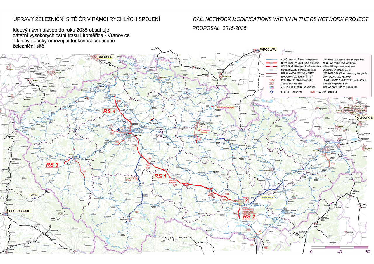 A tervezett nagysebességű vonalak térképe<br>(forrás: http://www.vysokorychlostni-zeleznice.cz)