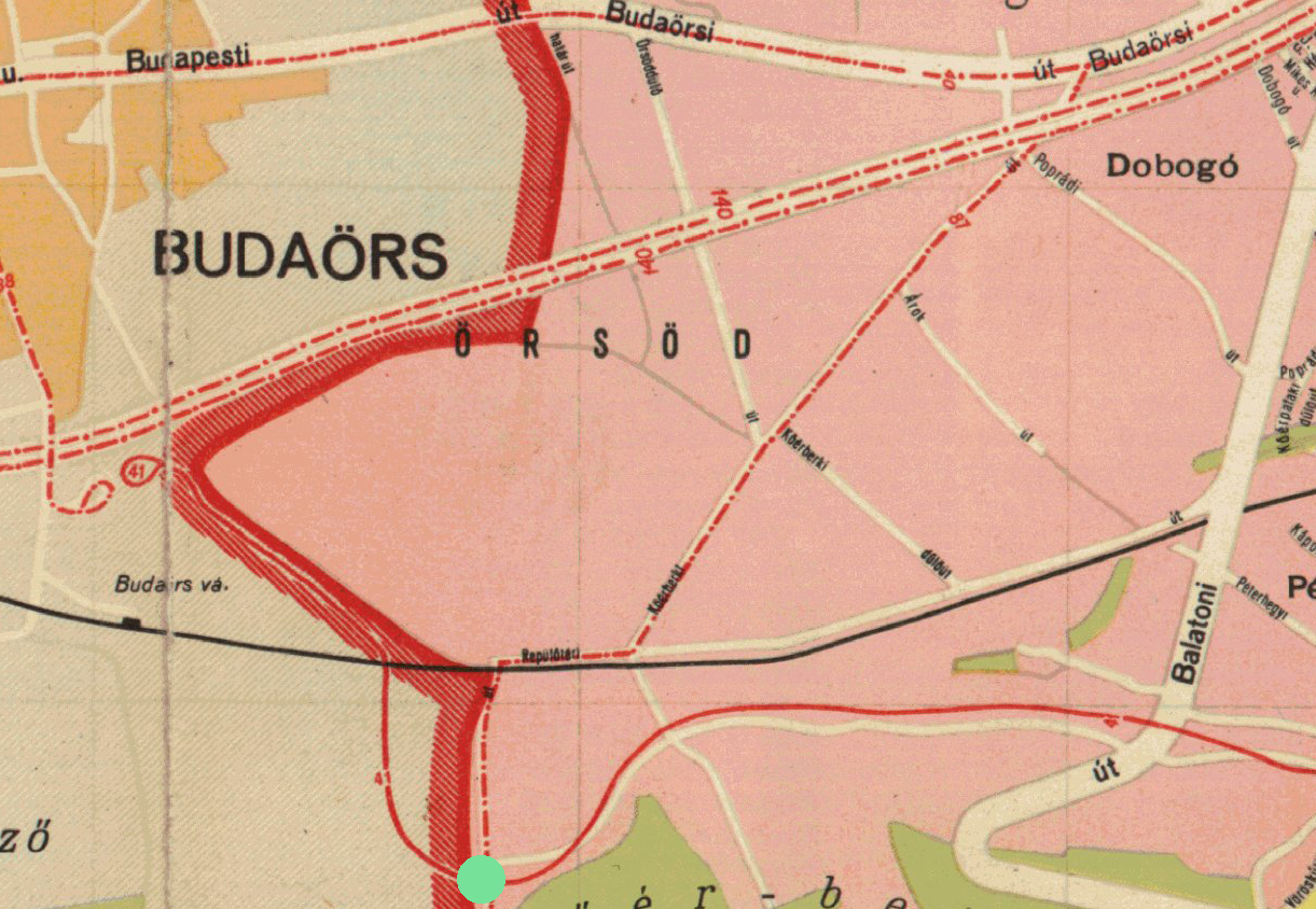 A régi budaörsi végállomás helye egy 1966-os térképen. Dobogó városrész a jobb felső sarokban, a zöld ponttal jelzett jelenlegi végállomás alul látható