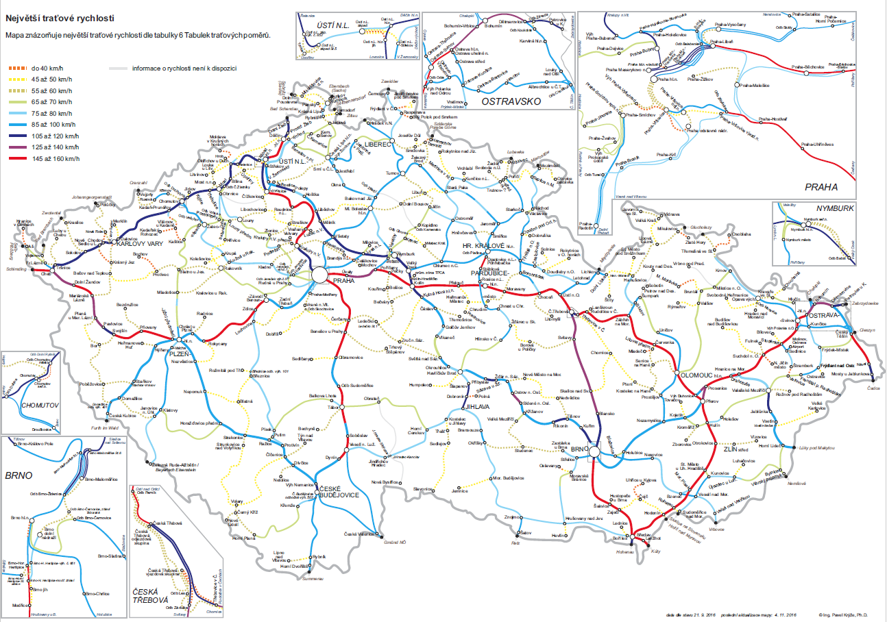 Az egyes vasútvanalak legnagyobb megengedett sebessége Csehortszágban (forrás: SŽDC)