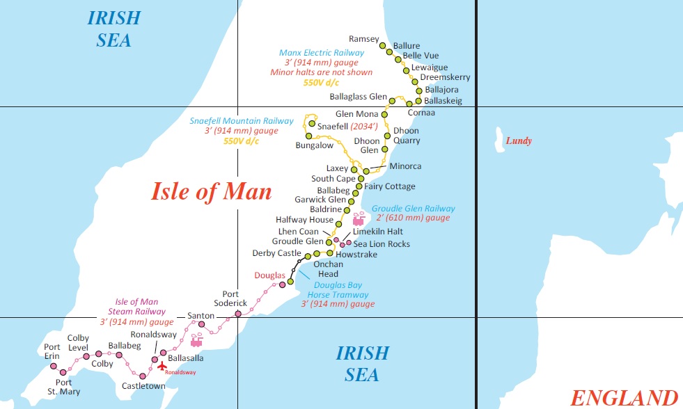 A Man-sziget kötöttpályás hálózata. A képre kattintva galéria nyílik, a külön nem jelölt képek a szerző felvételei