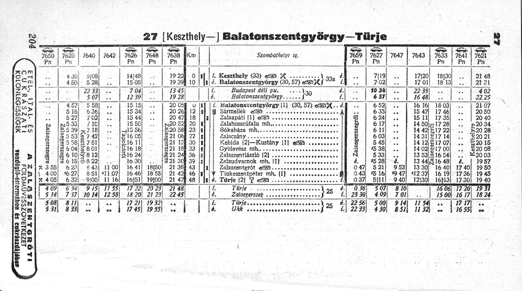 Az 1958/59-es menetrendi évben négy vonatpár közlekedett, valamint Zalaszentgrótig három-három menet