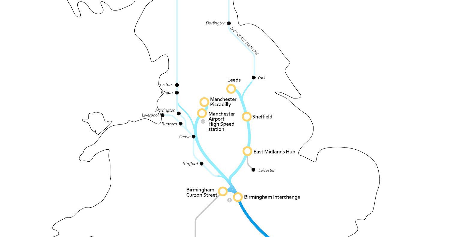 A HS2 második üteme során kiépülő szakaszainak térképe (forrás: Global Rail News)