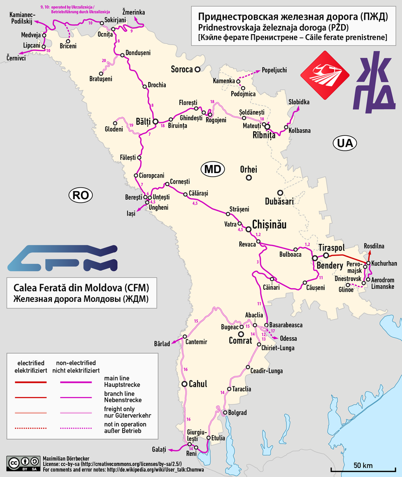 Akár kétszázötven kilométer hosszúságban is megújulhat a vasúti pálya Moldovában. Elsősorban az ország délkeleti részén haladó Bender–Basarabeasca–Etulia–Giurgiulesti vonal az érintett (térkép forrása: Wikipedia)