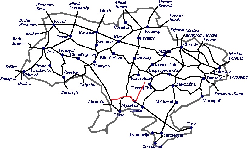 A pirossal jelölt Dolinszka–Mikolajiv–Koloszivka szakasz uniós hitelből korszerűsödhet (térkép: Wikipedia)