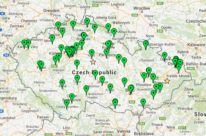 CNG töltőállomások hálózata 2014 végén Csehországban
