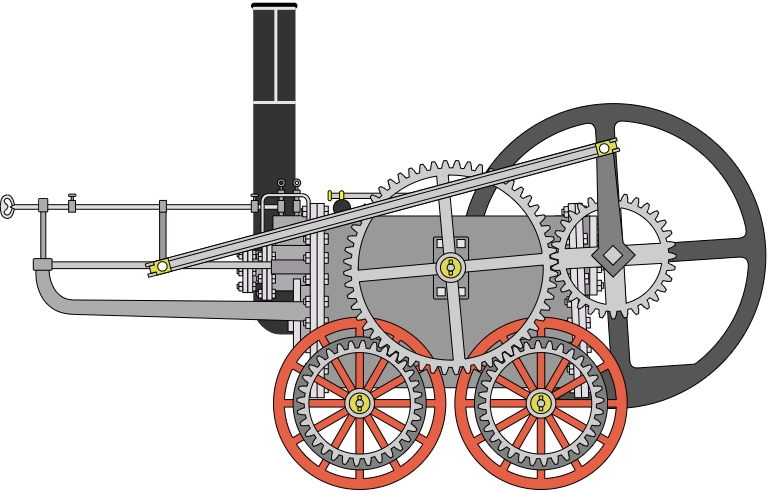 A Richard Trevithick által 1802-ben épített első gőzmozdony, a Coalbrookdale<br>(forrás: wikipedia)<br>A képre kattintva galéria nyílik!