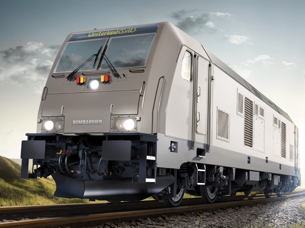 A Paribus-DIF négy CAT-dízelmotor által hajtott Traxx DE ME-mozdonyai Hamburg és Westerland között közlekednek majd ingavonatokkal a 2015-ös menetrendváltástól<br>(látványterv: Bombardier)