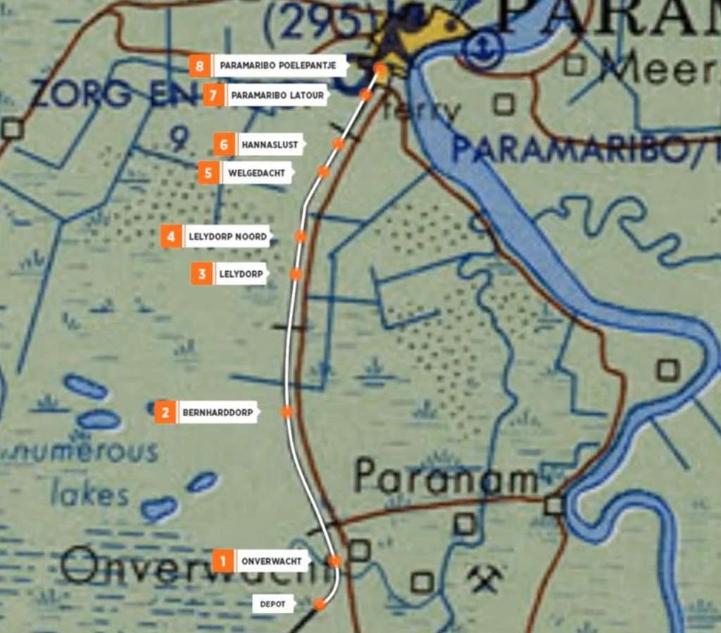 A 29 kilométer hosszú vasútvonal a suriname-i főváros Paramaribót és az előváros Onverwachtot kötné össze<br>(forrás: IRJ)
