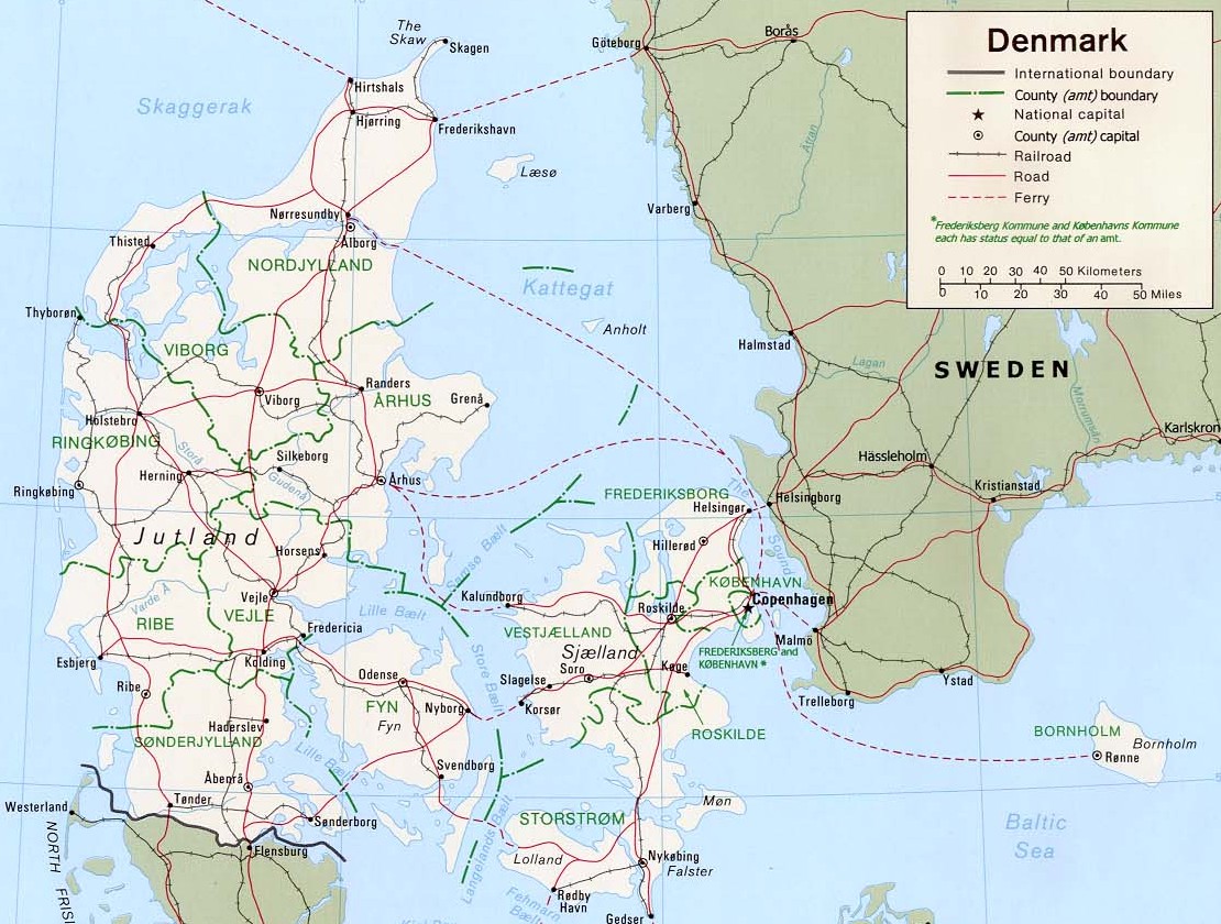 Dánia vasúthálózata<br>(forrás: mapsof.net)