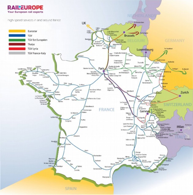 A jelenlegi TGV-hálózat<br>(forrás: gofrance.about.com)