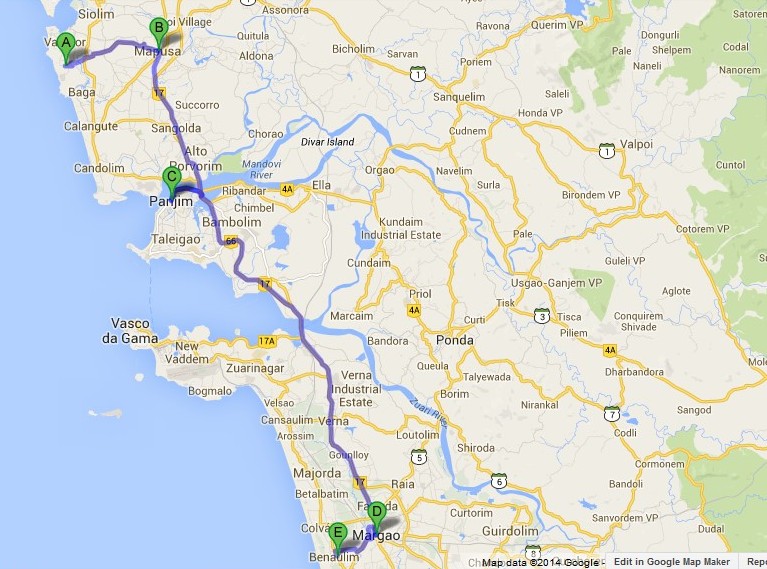 Példa útvonal Anjuna és Benaulim között