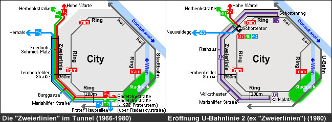 A bal oldali térképen az 1966–1980-ig fenálló hálózat a föld alatti villamossal, a jobb oldalon pedig az 1980-tól aktuális térkép az U2-essel