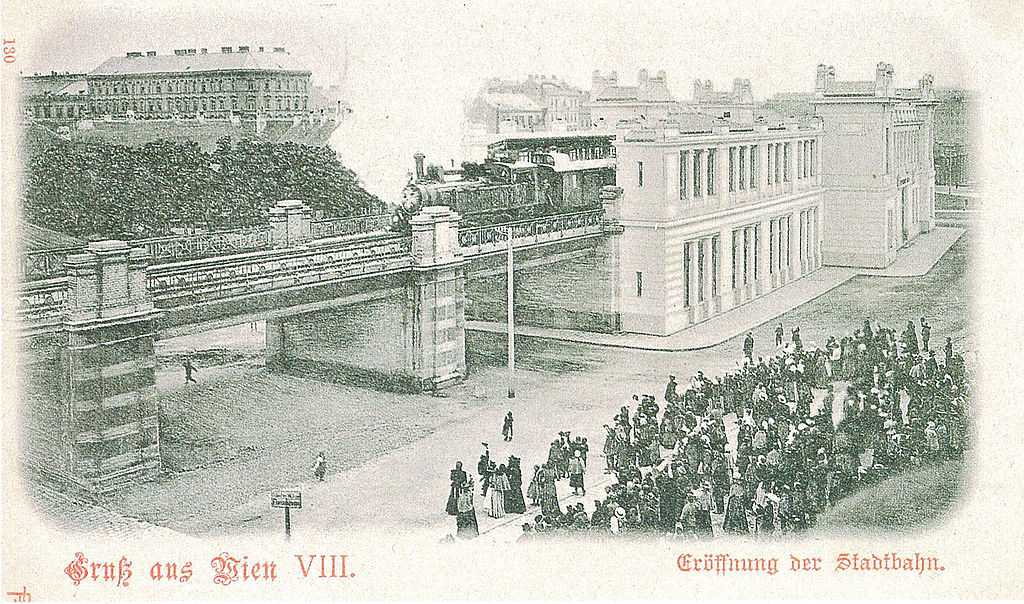 A gőzüzemű Stadtbahn megnyitásának ünnepsége valahol a Gürtellinién<br>(forrás: Wikipedia)